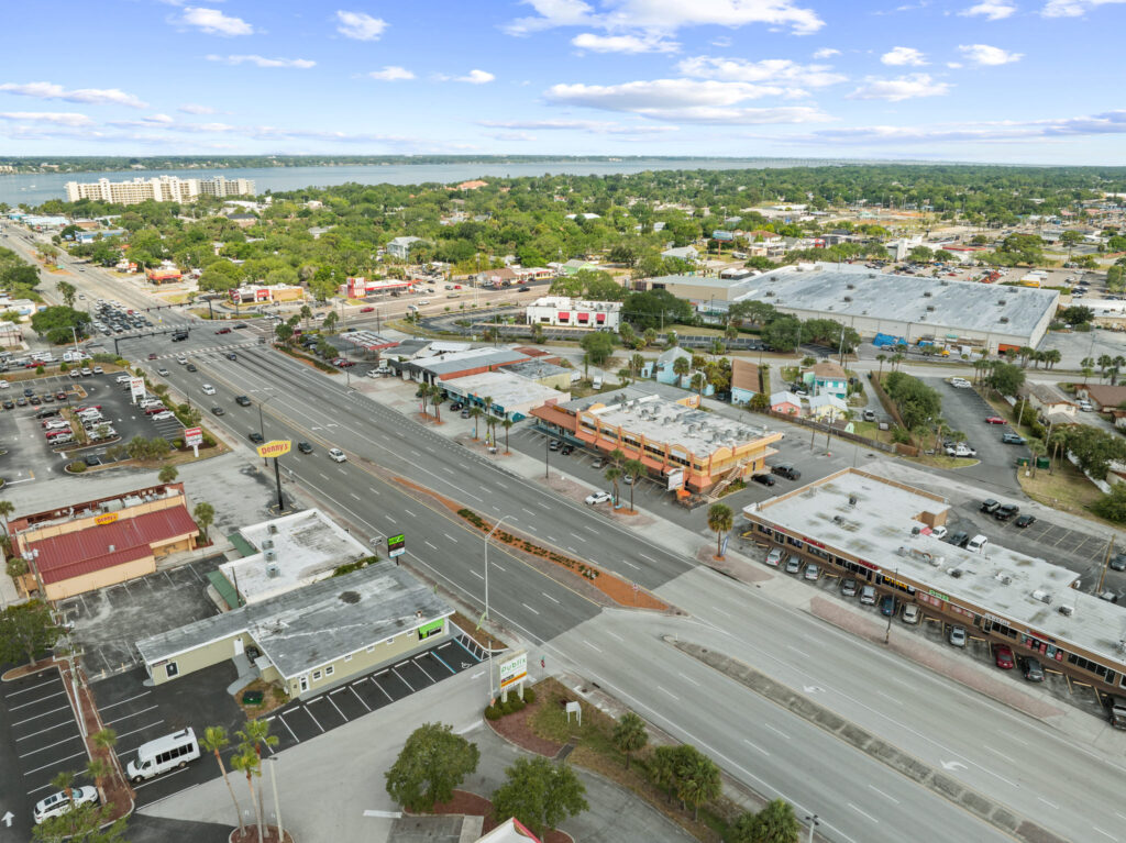 An aerial view of the Perrone Twin Rivers, 76 E. Merritt Island Causeway in Merritt Island, Florida.